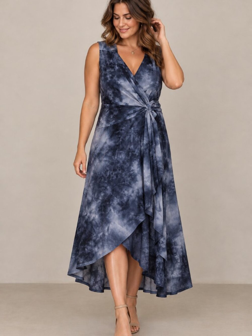 Robbie Bee Dress Womens L Blue Tie Dye Wrap High Low Midi Maxi Boho NWT